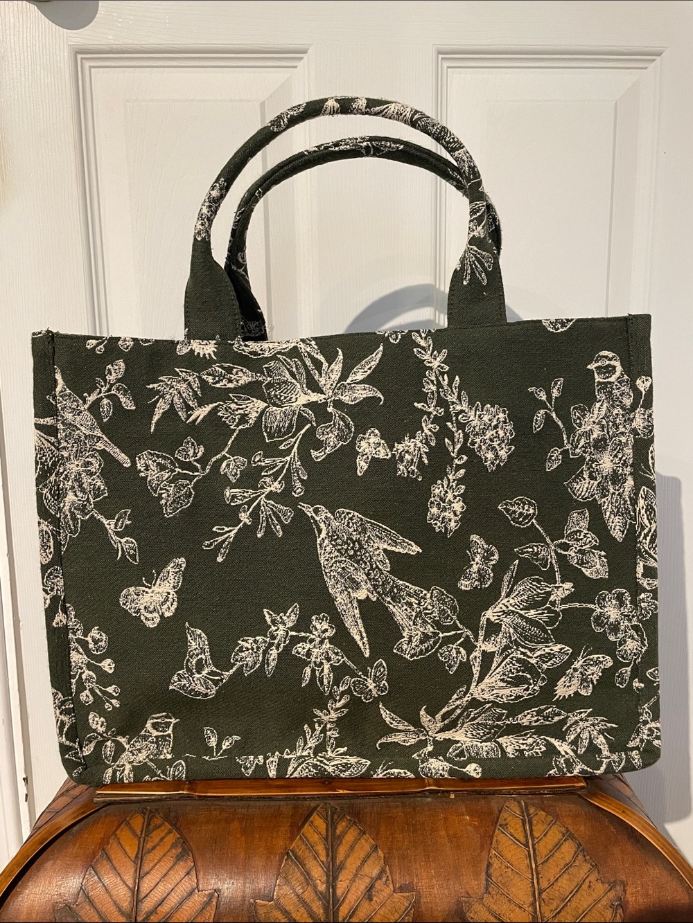 Francesca's Collections Olive Green Floral Canvas Tote - Picture 4 of 12
